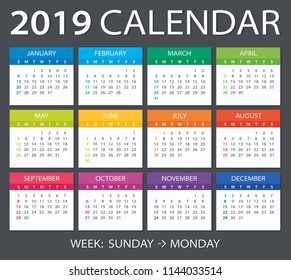 Vector template of color 2019 calendar - Sunday to Monday