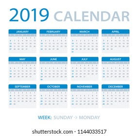 Vector template of color 2019 calendar - Sunday to Monday