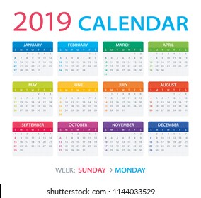 Vector template of color 2019 calendar - Sunday to Monday