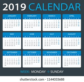 Vector template of color 2019 calendar - Monday to Sunday