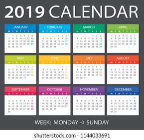 Vector template of color 2019 calendar - Monday to Sunday