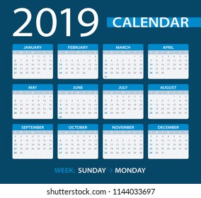 Vector template of color 2019 calendar - Sunday to Monday