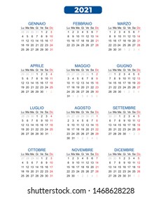 Vector template color 2020 2021 italian version calendar with previous and subsequent days Eps