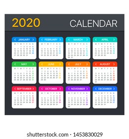 Vector template of color 2020 calendar - Monday to Sunday