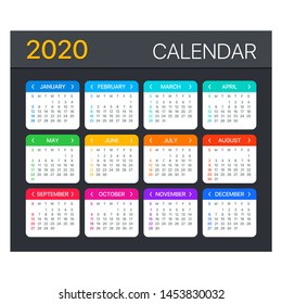 Vector template of color 2020 calendar - Sunday to Monday