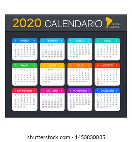Vector template of color 2020 calendar - Spanish American version