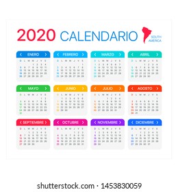 Vector template of color 2020 calendar - Spanish American version