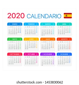 Vector template of color 2020 calendar - Spanish version