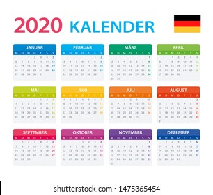 Vector template of color 2020 calendar - German version