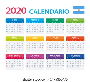 Vector template of color 2020 calendar - Argentinian version
