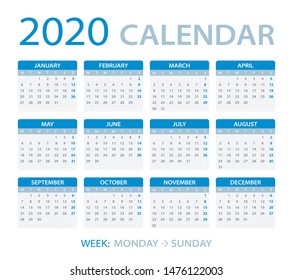 Vector template of color 2020 calendar - Monday to Sunday