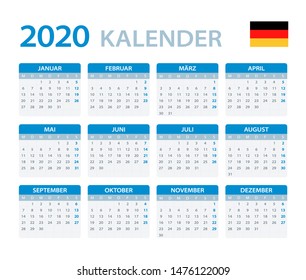 Vector template of color 2020 calendar - German version