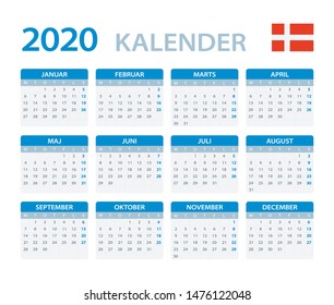 Vector template of color 2020 calendar - Danish version