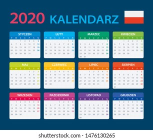 Vector template of color 2020 calendar - Polish version