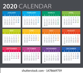 Vector template of color 2020 calendar - Monday to Sunday