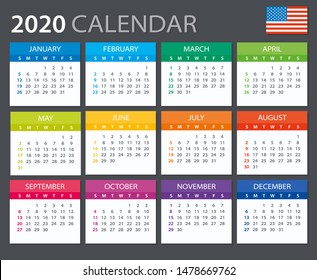 Vector template of color 2020 calendar - English American version