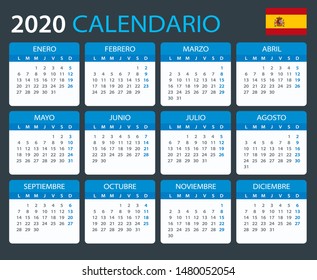 Vector template of color 2020 calendar - Spanish version
