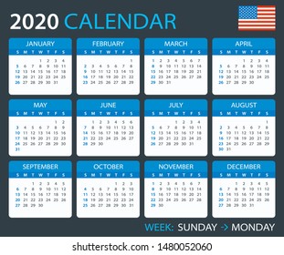 Vector template of color 2020 calendar - English American version
