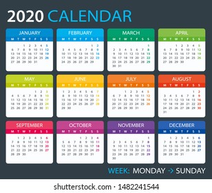 Vector template of color 2020 calendar - Monday to Sunday