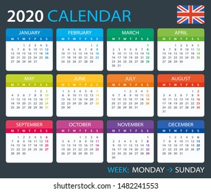Vector template of color 2020 calendar - English version