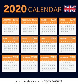 Vector template of color 2020 calendar - English version