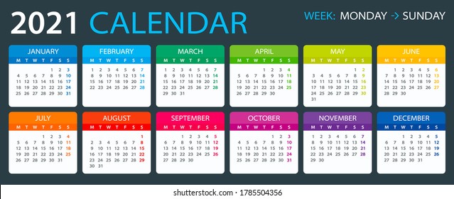 Vektorvorlage mit Farbe 2020 Kalender - Montag bis Sonntag