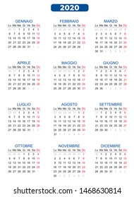 Vector template color 2020 italian version calendar with previous and subsequent days Eps