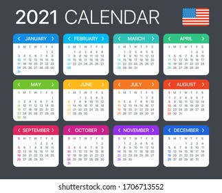 Vector template of color 2021 calendar - English American version