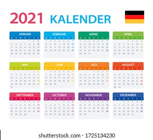 Vector template of color 2021 calendar - German version