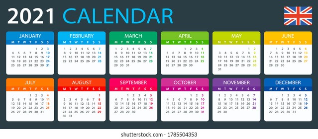 Vector template of color 2021 calendar - English version