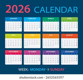 Modelo vetorial do calendário 2022 colorido - de segunda a domingo
