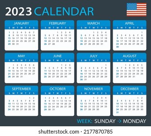 Vector template of color 2023 calendar - English American version