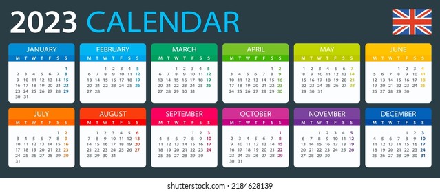 Vector template of color 2023 calendar - English version