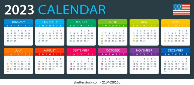 Vector template of color 2023 calendar - English American version