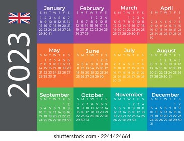 Vector template of color 2023 calendar - English version