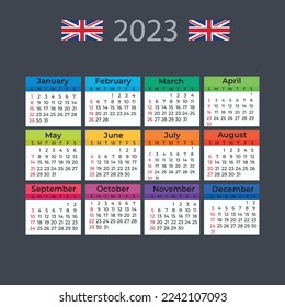 Vector template of color 2023 calendar - English version