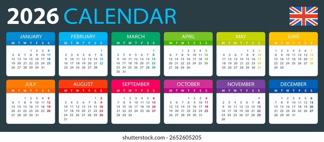 Vector template of color 2023 calendar - English version