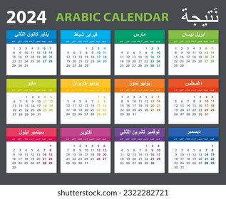 Vector template of color 2024 calendar - Arabic version
