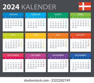 Vector template of color 2024 calendar - Danish version