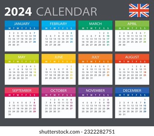 Vector template of color 2024 calendar - English version