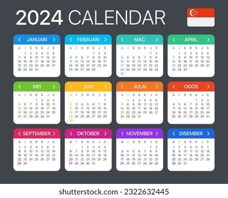 Vector template of color 2024 calendar - Singaporean version