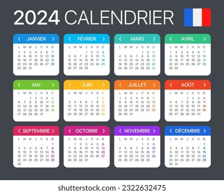 Vector template of color 2024 calendar - French version