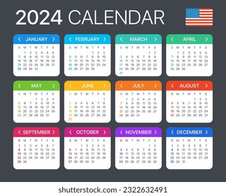 Vector template of color 2024 calendar - English American version