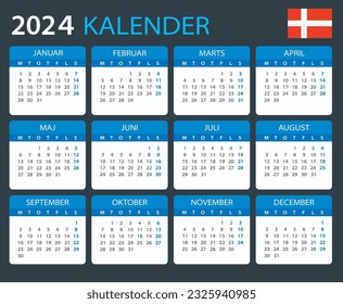 Plantilla vectorial del calendario de color 2024 - Versión danesa
