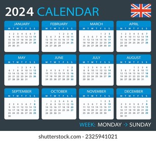 Vector template of color 2024 calendar - English version