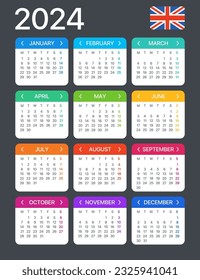 Vector template of color 2024 calendar - English version