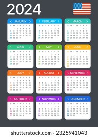 Vector template of color 2024 calendar - English American version