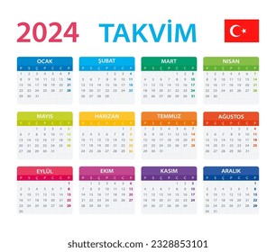 Vector template of color 2024 calendar - Turkish version