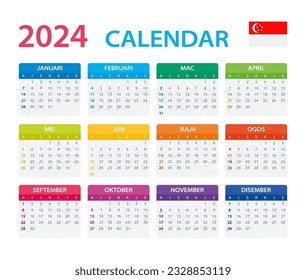 Vector template of color 2024 calendar - Singaporean version