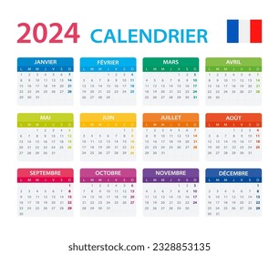 Plantilla de vector de color calendario 2024 - versión francesa